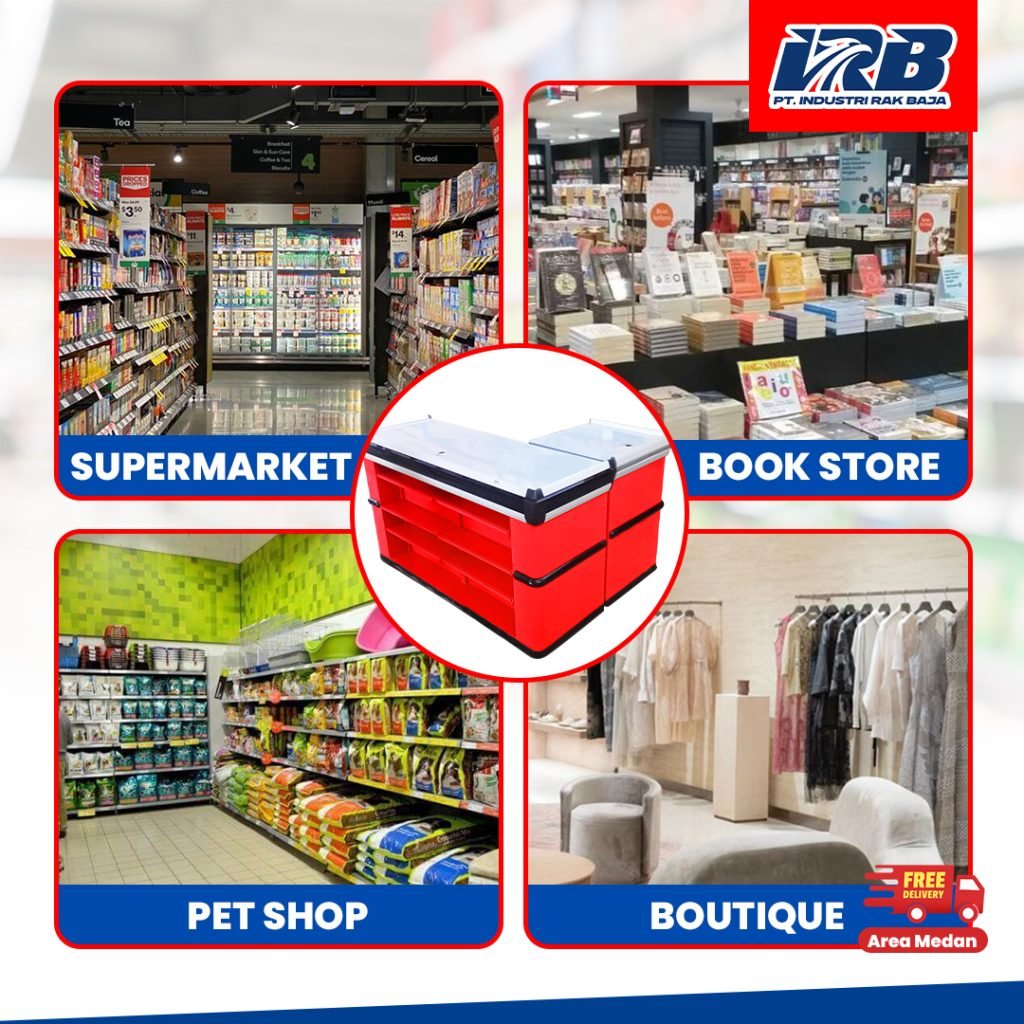 meja kasir model L untuk toko dan minimarket