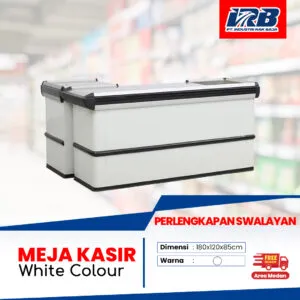 meja kasir warna putih untuk swalayan dan retail