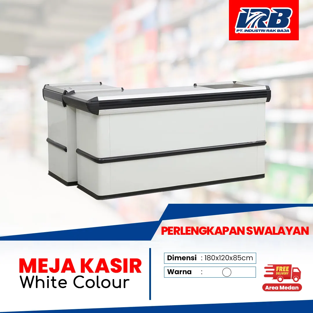 meja kasir warna putih untuk swalayan dan retail