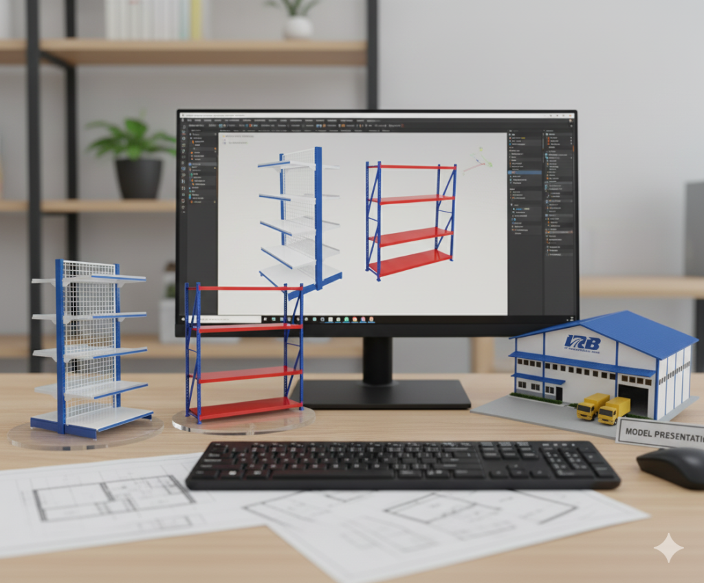 aniamsi rak gudang dan rak minimarket di sebelah monitor