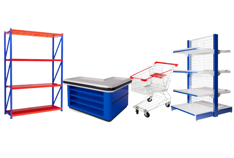 tersedia rak swalayan, rak gudang, meja kasir dan troli belanja untuk retail dll