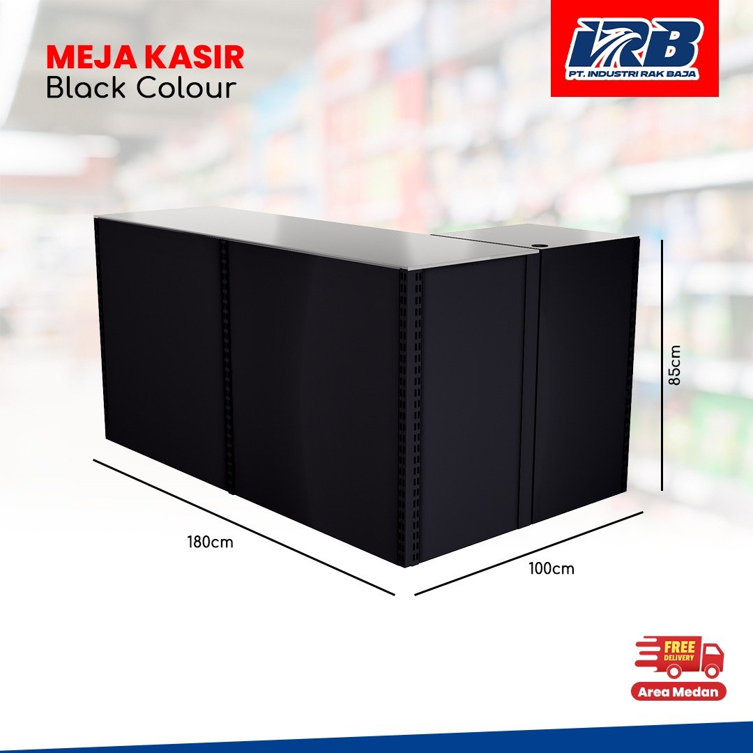 meja kasir warna hitam untuk display toko, minimarket, swalayan, dan retail lainya.