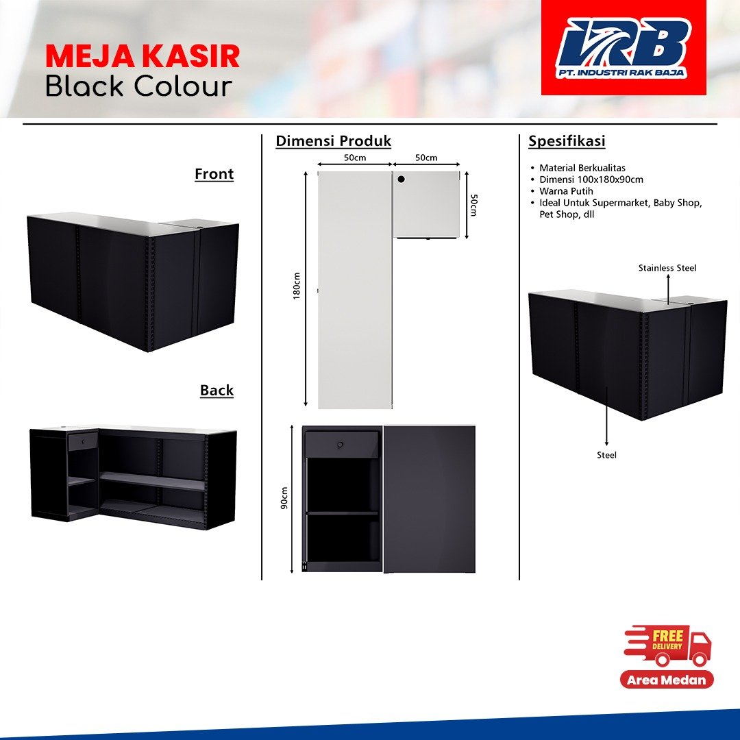 meja kasir warna hitam untuk display toko, minimarket, swalayan, dan retail lainya.