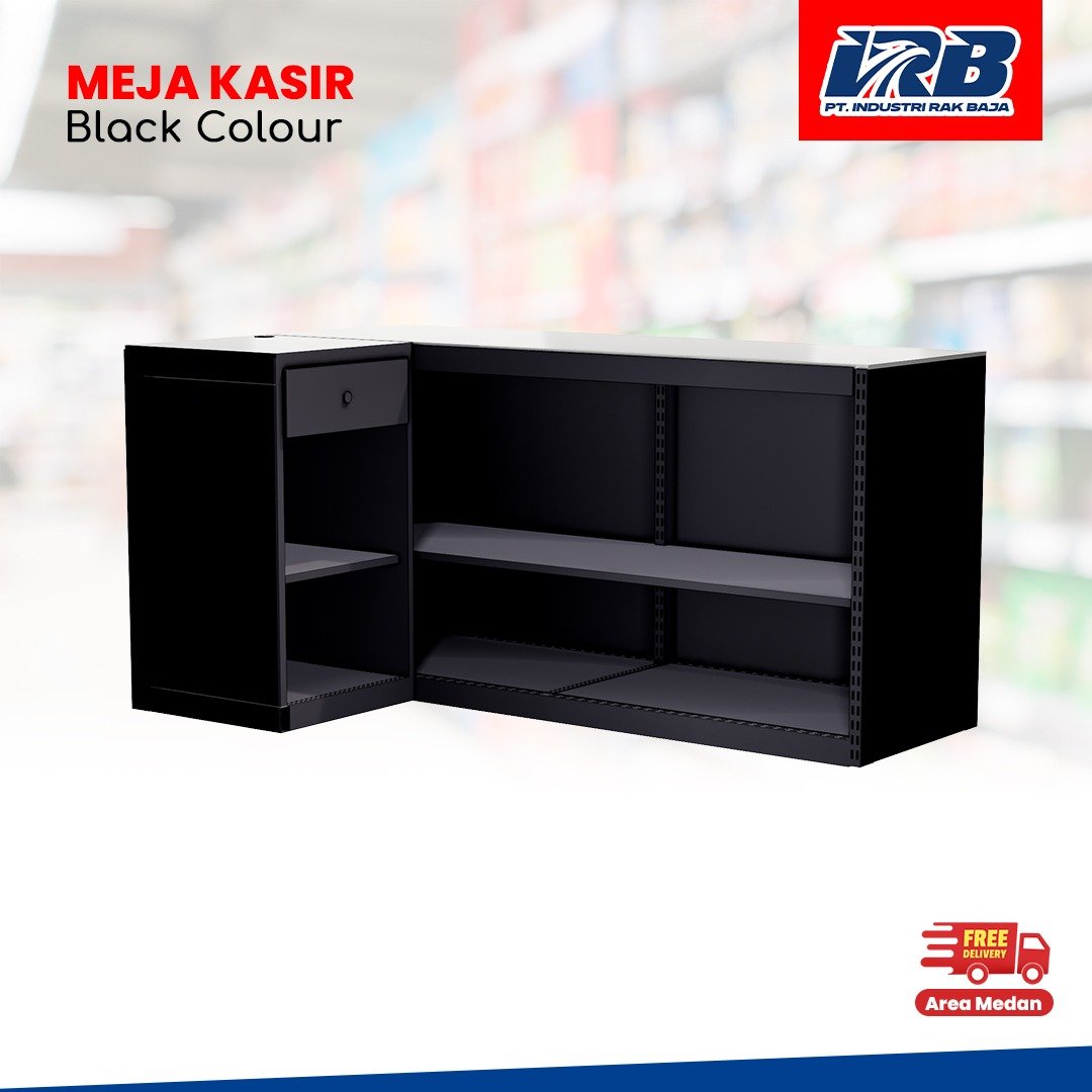 Meja kasir warna hitam untuk display toko, minimarket, swalayan, dan retail lainya.