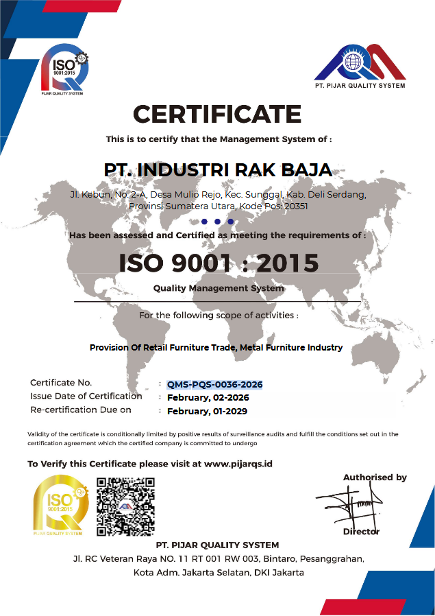 sertifikat ISO 9001 : 2015 PT. Industri Rak Baja