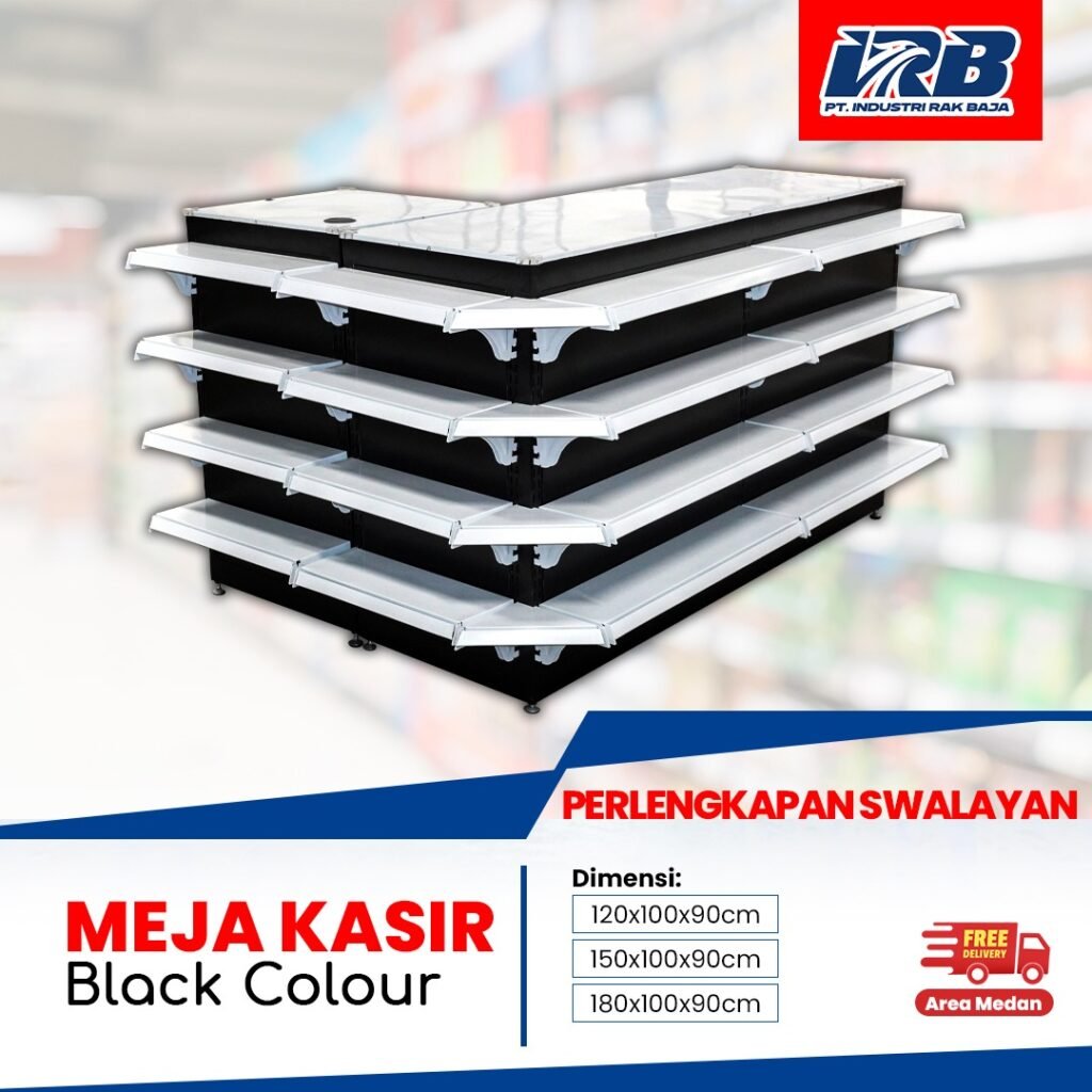 meja kasir warna hitam dengan shelving