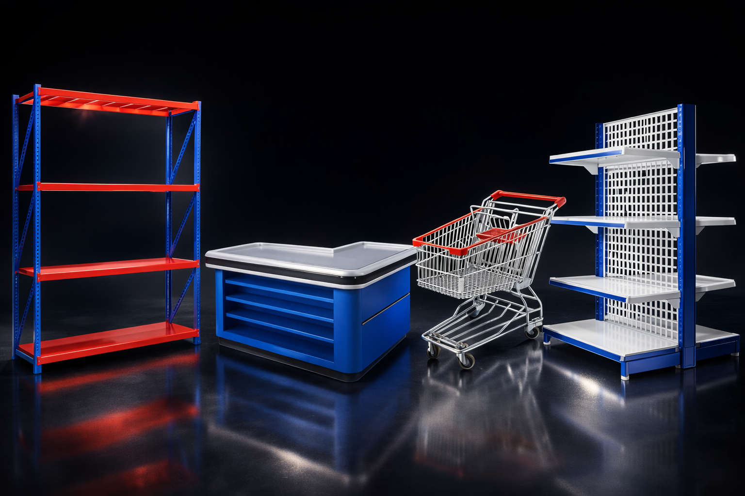 rak gudang, rak minimarket, rak toko, meja kasir, troli